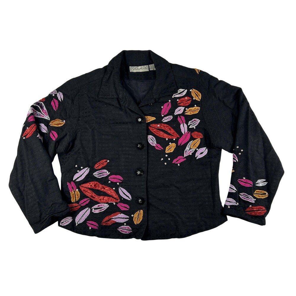 Pushpa Jacket Womens Small Cotton Embroidered Lips Rhinestone Button Front Y2K